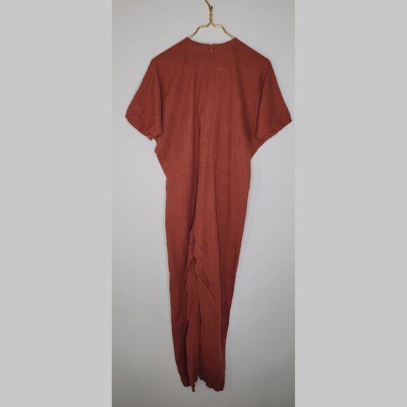 LOVE & CONFUSE Rust Brown Linen Jumpsuit Size S Surplice Back Zip Cropped Boho - Picture 4 of 9